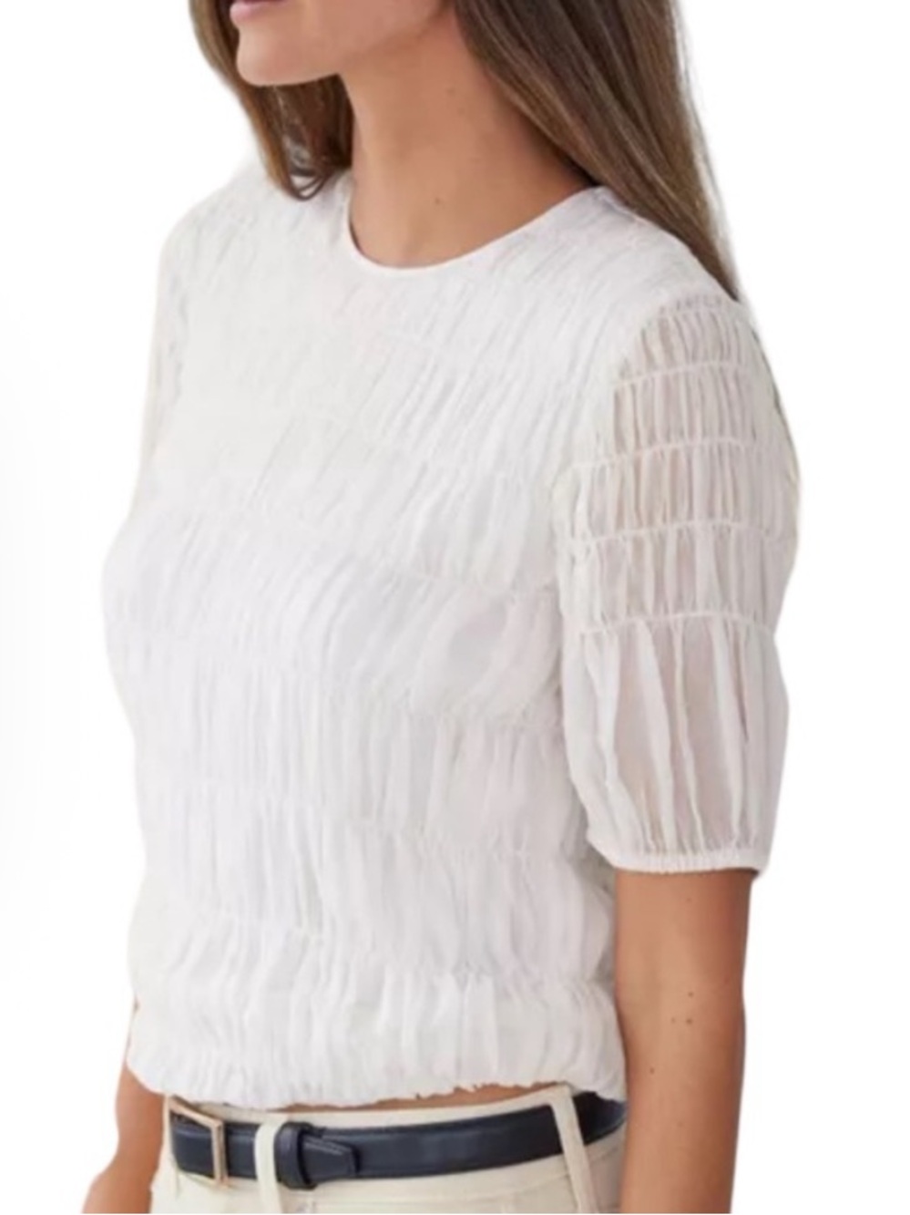 AYR The Shirr Thing White Short-Sleeve Smocked Silk Cotton Blouse Women’s L